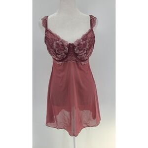 Auden Y2K Lace Trim Floral Babydoll Chemise Dress Sheer Pink Red 90s
